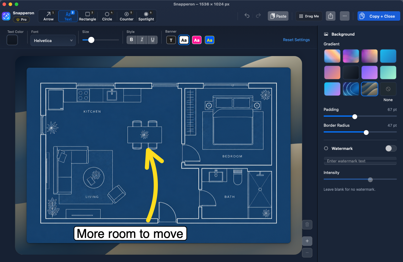 Snapperon Pro showing a blueprint floor plan with a thick yellow curved open arrow, a large White text banner, and text styling controls.