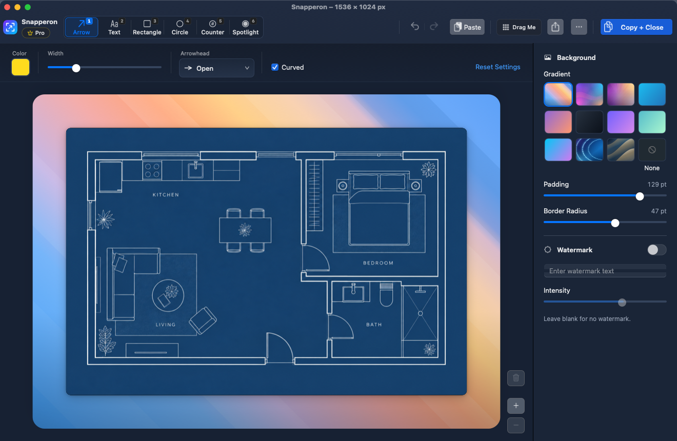 Snapperon Pro showing a blueprint floor plan with the colorful Snapperon gradient, generous padding, rounded corners, and framing controls visible.