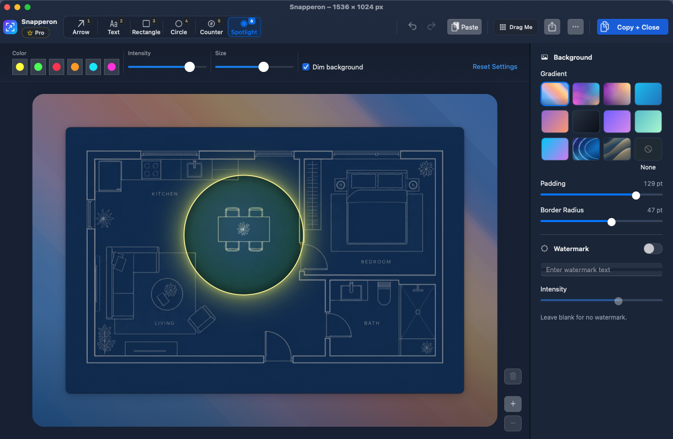Snapperon Pro showing yellow Spotlight over the dining area of a blueprint floor plan, with intensity and background dimming controls visible.